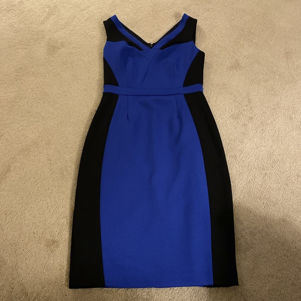 ADRIANNA‎ PAPELL COBALT BLUE/BLACK COLORBLOCK KNIT SHEATH DRESS LINED SIZE